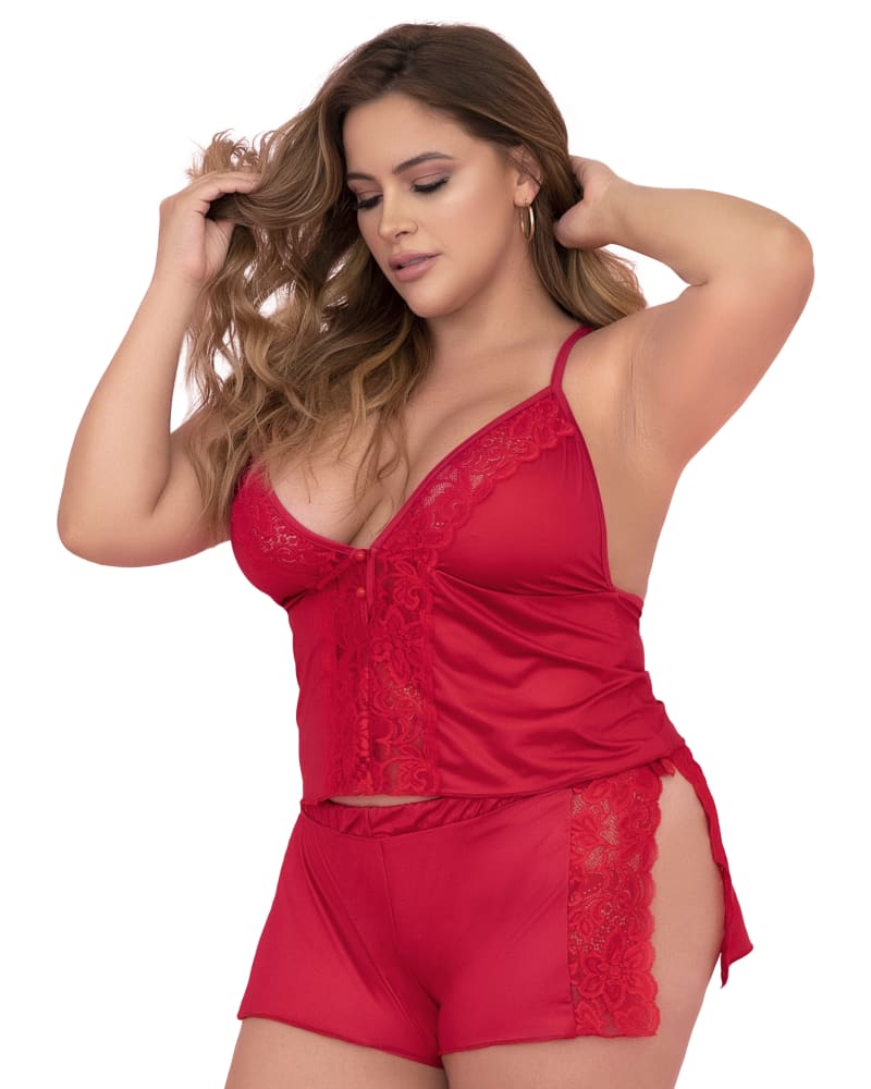 Front of a model wearing a size 1X/2X Rosey Two Piece Sleep Set in Red by Mapalé. | dia_product_style_image_id:271798